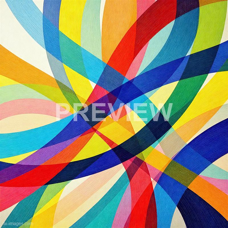 The image features an abstract composition made up of numerous overlapping, curved, and straight lines in a vibrant array of colors including blue, red, yellow, green, orange, and pink. The lines create a dynamic, flowing pattern that appears to be painted with textured strokes, giving the impression of movement and energy across the canvas. The background is a subtle, light beige or cream tone, allowing the colorful lines to stand out prominently.